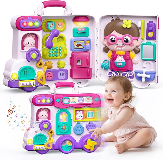 Vanvimen Toys for 1 Year Old Girl, Ideals Gifts for 1 Year Old Girl, 54-in-1 English & Spanish Baby Busy Board Montessori Toys, Montessori Busy Board Toys for 1 Year Old, Toddler Girl Toys Gifts