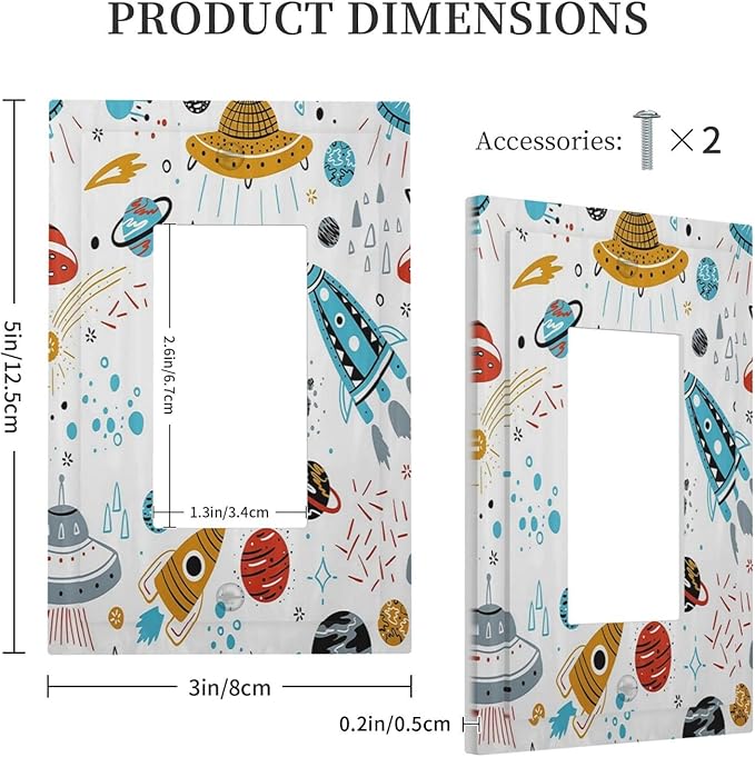 Cartoon Space Rocket Boys Universe Planet 1 Gang Rocker Light Switch Covers Decorative Unique Single Decora Outlet Wall Plate Faceplate Switchplate GFCI for Nursery Kidroom Bedroom Decor