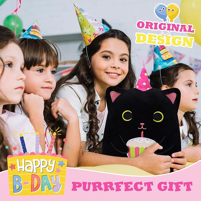 Cat Plush Birthday Gift for Kids Adults, 14inch Black Cat Plush Pillow Cute Stuffed Animal, Kawaii Plushie Cuddle Pillow Birthday Gift for Kids Boys Girls