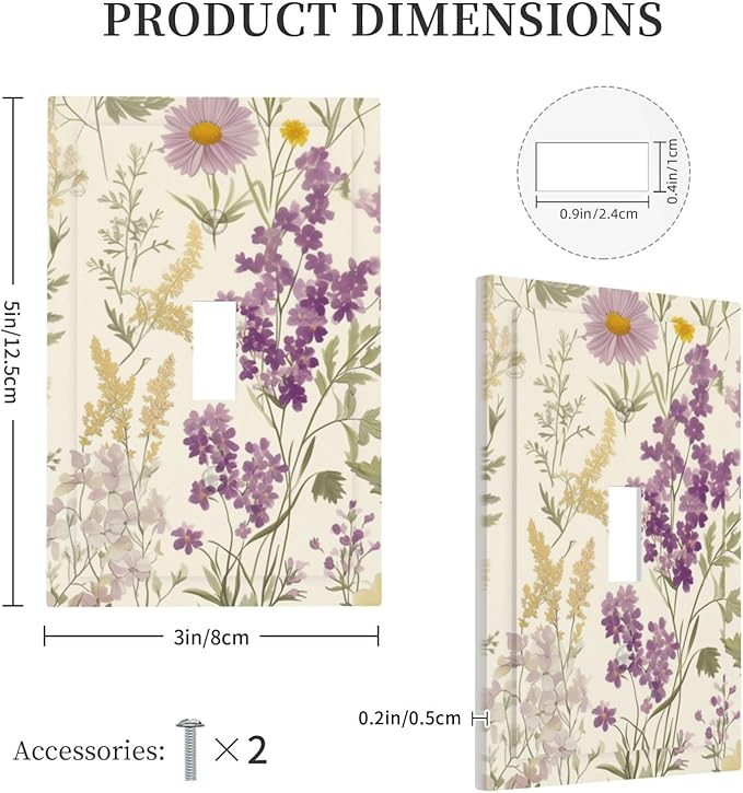 Watercolor Floral Leaves 1 Gang Light Switch Cover Single Toggle Wall Plate Small Purple Flowers Daisies Decorative Electrical Switchplate Covers for Country Bedroom Kitchen Living Room Decor