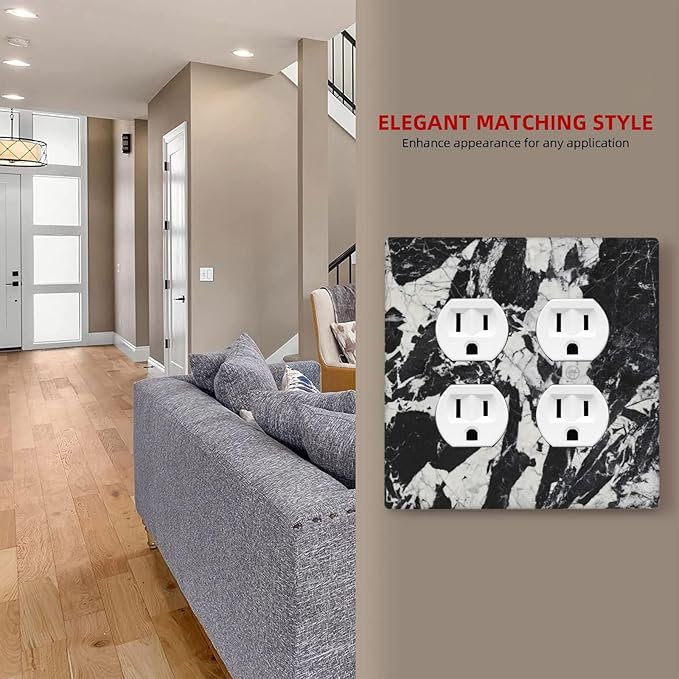 Black White Marble Abstract Luxury Outlet Covers 2 Gang Double Duplex Decorative Light Switch Covers Electrical Wallplates Socket Faceplate for Bathroom Kitchen Decor
