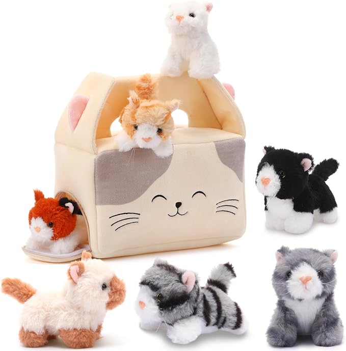 Blueweenly 8 Pcs Small Cat Stuffed Animal Set Plush House with 7 Fluffy Kitten Toys Stuffed Cats for Kids Birthday Gifts Pet Party Favors