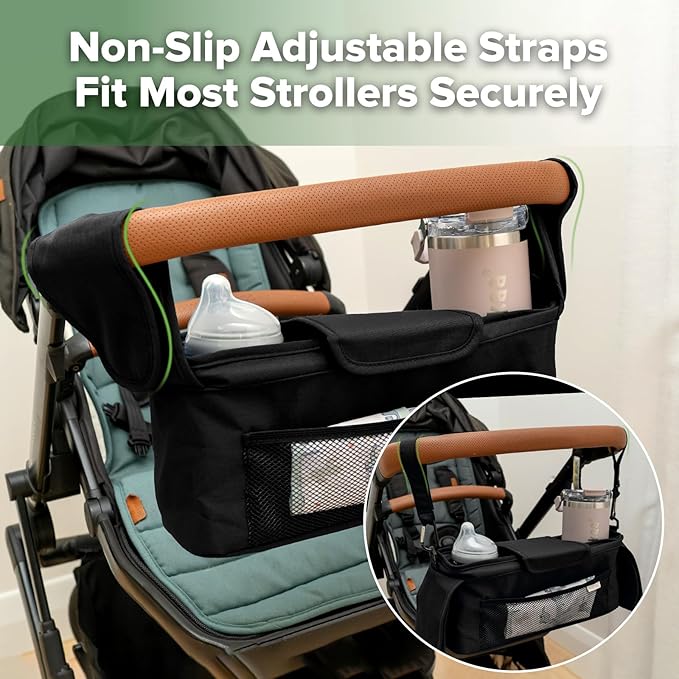 haakaa Stroll & Go Organiser - 2 Cup Holders - Black, Ultimate Stroller Organizer Universal Fit with Adjustable Non-Slip Straps & Hooks, Stroller Caddy Accessories with Shoulder Strap