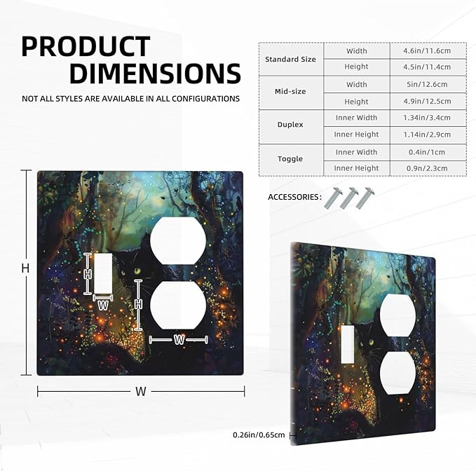 Light Switch Cover Plate Magic Fantasy Forest Mysterious Black Cat 2 Gang Decorative Switch Plates 1 Toggle Duplex Combo Outlet Covers GFCI Wall Plates for Kid Room Bathroom Decor