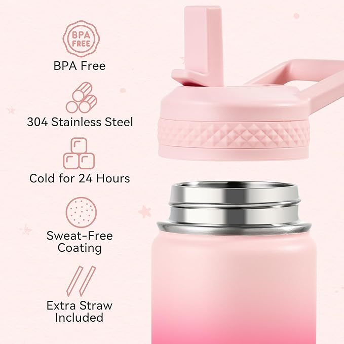 Fijinhom 12 oz Kids Water Bottle, Toddler Water Bottle with Straw, Boys&Girls Bottle for School, 304 Stainless Steel Vacuum Insulated Bottle for Kids, BPA-Free, Leak-Proof, Cherry Blossom