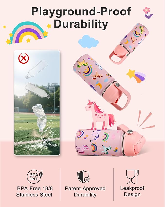 Kids Water Bottle 14oz with Silicone Straw Lid - Insulated Toddler Water Bottle Stainless Steel Keeps Cold 24H, Leak Proof & Unicorn Rainbow Prints Girls Design | Custom Name Tag for School, Pink