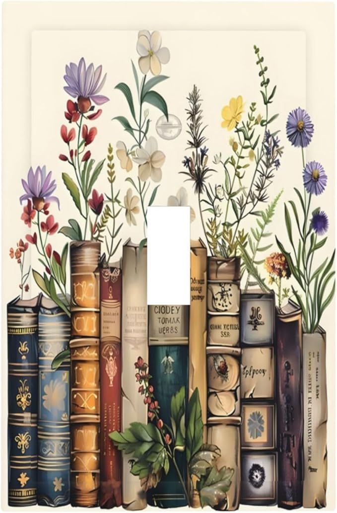Plant Floral Books Colorful Flower Decorative Light Switch Cover 1 Gang Single Toggle Device Electrical Faceplate Switchplates Decorator Outlet Wall Plate for Kids Room Bedroom Decor