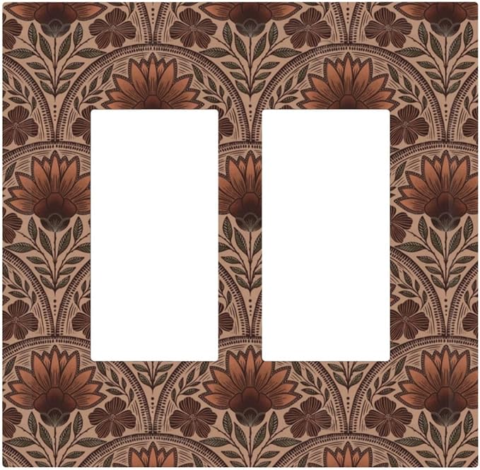 Earth Tone Floral Rustic Damask Boho Flower Decorative Outlet Covers 2 Gang Double GFCI Rocker Electrical Wall Panels Light Switch Cover Plate for Farmhouse Home Decor