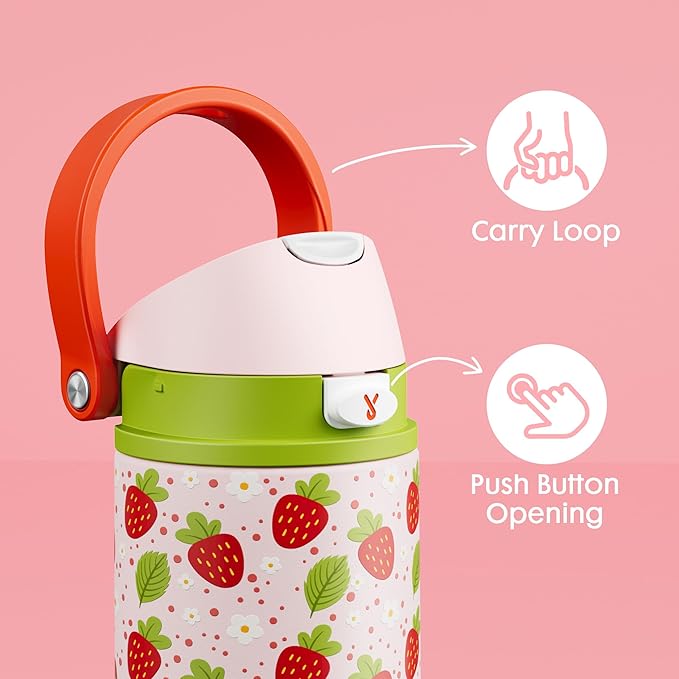 18 oz Insulated Water Bottle for Kids: Meoky Stainless Steel Water Bottle with 2-in-1 Straw and Spout Lid - Leak Proof, Cold for 24 Hours, BPA-Free for Girls School Sports, Strawberry Garden