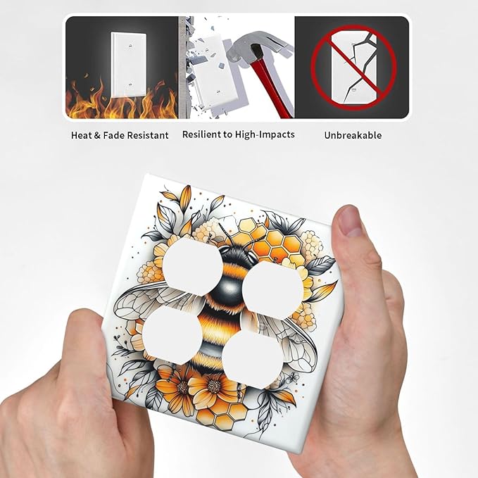 Outlet Covers Bee Honeycomb Flowers Plant Leaves 2 Gang Double Duplex Decorative Light Switch Covers Electrical Wallplates Socket Faceplate For Nursery Kids Room Decor