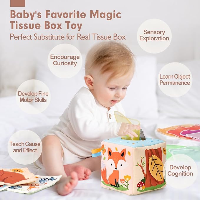 hahaland Baby Tissue Box Toy - Baby Toys 6-12 Months Montessori Toys for 6 Month Old Must Haves - Babies Boy Girl Gifts 6 7 8 9 10 12 Month Old Sensory Pulling Play Scarf Toys 1 Year Old Birthday Gift
