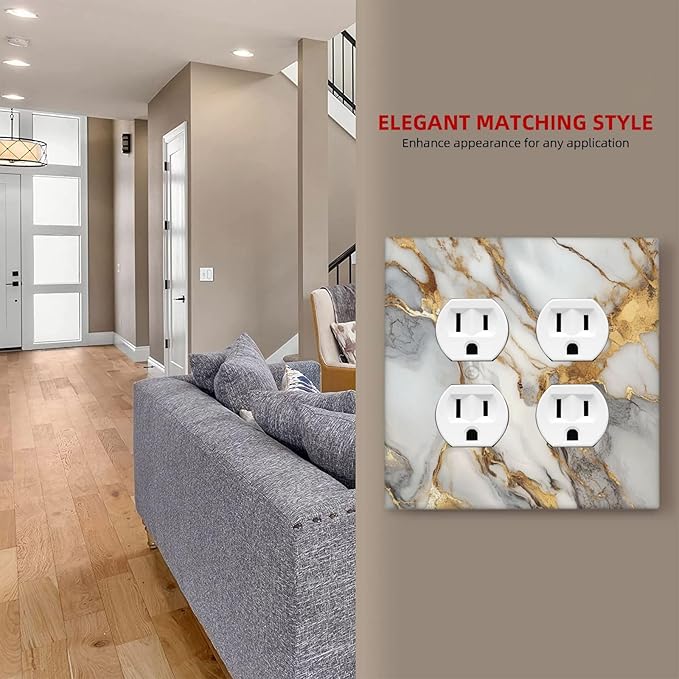 Light Switch Cover Plate White Gold Abstract Luxury Marble Patterns 2 Gang Socket Covers Double Duplex Wallplates Switch Plates and Outlet Covers for Bathroom Home Decor