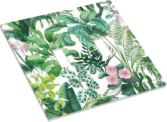 Tropical Palm Leaves Green Jungle Botanical Floral Flowers Decorative Switch Plates 2 Gang Double Toggle Outlet Light Switch Cover Wall Plate Electrical Faceplate for Bedroom Living Room Decor