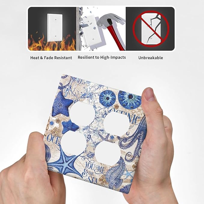 Outlet Covers Vintage Sea Blue Seahorse Starfish Octopus 2 Gang Double Duplex Decorative Light Switch Covers Electrical Wallplates Socket Faceplate For Kids Room Home Decor