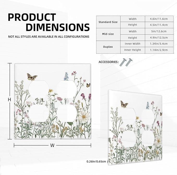 Outlet Covers Rustic Wildflowers Butterfly Colorful Floral 2 Gang Double Duplex Decorative Light Switch Covers Electrical Wallplates Socket Faceplate For Bed Room Living Room Decor