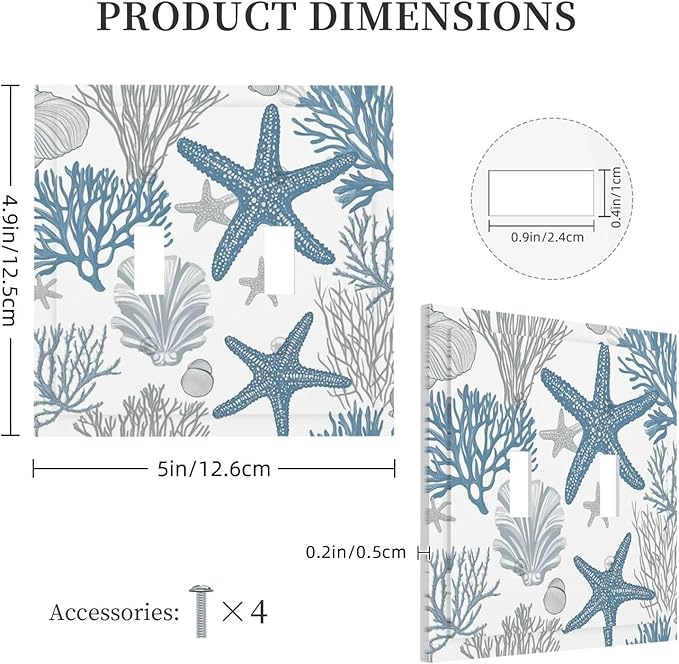Blue Starfish Nautical Beach Conch Coastal Coral Shell Decorative Switch Plates 2 Gang Double Toggle Outlet Light Switch Cover Wall Plate Electrical Faceplate For Kids Room Bathroom Decor