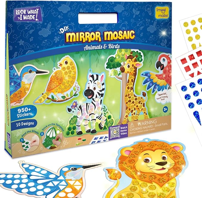 Imagimake Mirror Mosaic Animals & Birds Kids Art Set | DIY Craft Kits | Foil Art Stickers for Girls | Activities for Kids Ages 3-5 | Gifts for Kids 3,4,5,6,7 Year Old | 3 Year Old Boy Gift