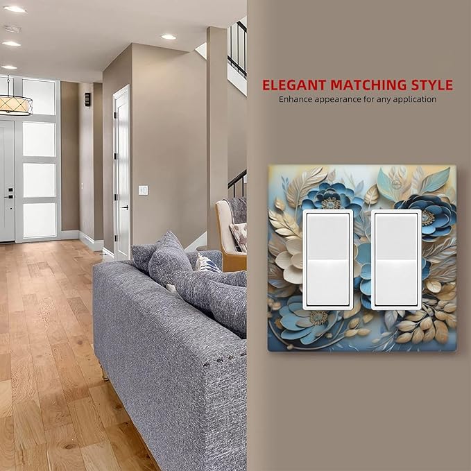 Decorative Art Light Switch Covers Blue and Creamy Floral 2 Gang Dual Rocker Outlet Switch plate Faceplate GFCI for Home Decor