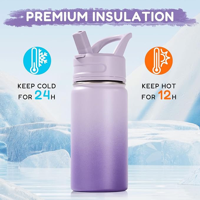 Fijinhom 12oz Kids Water Bottle for School, Toddler Bottles with Straws, Stainless Steel Vacuum Insulated Water Bottle for Boys&Girls, Leak-Proof, BPA-Free, Lavender