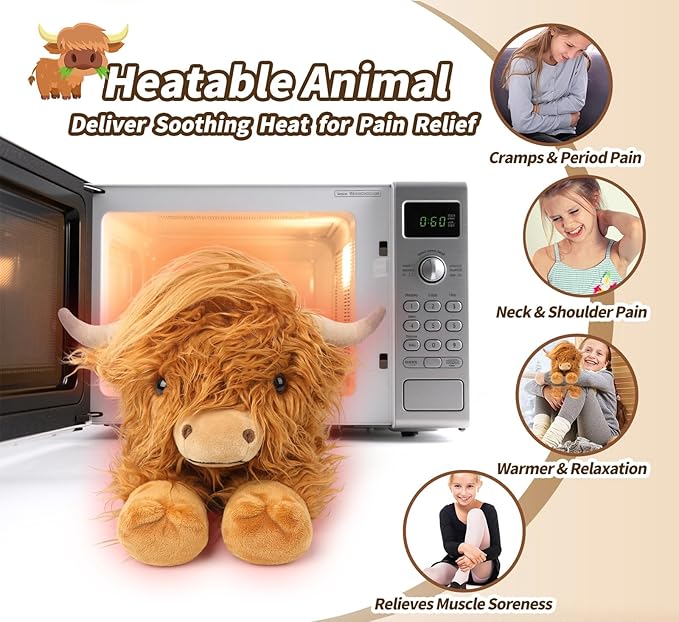 2Pcs Highland Cow Stuffed Animals, Microwavable Stuffed Animal Adorable Fluffy Highland Cow Plush for Warmth Comfort, Heatable Coolable Lavender Scent Toy, Cute Soft Plushies Gift for Kid Boys & Girls