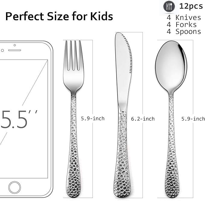 LIANYU 12-Piece Kids Utensils Silverware Set, Stainless Steel Toddler Hammered Flatware Cutlery, Children Tableware Includes Knives Forks Spoons, Dishwasher Safe