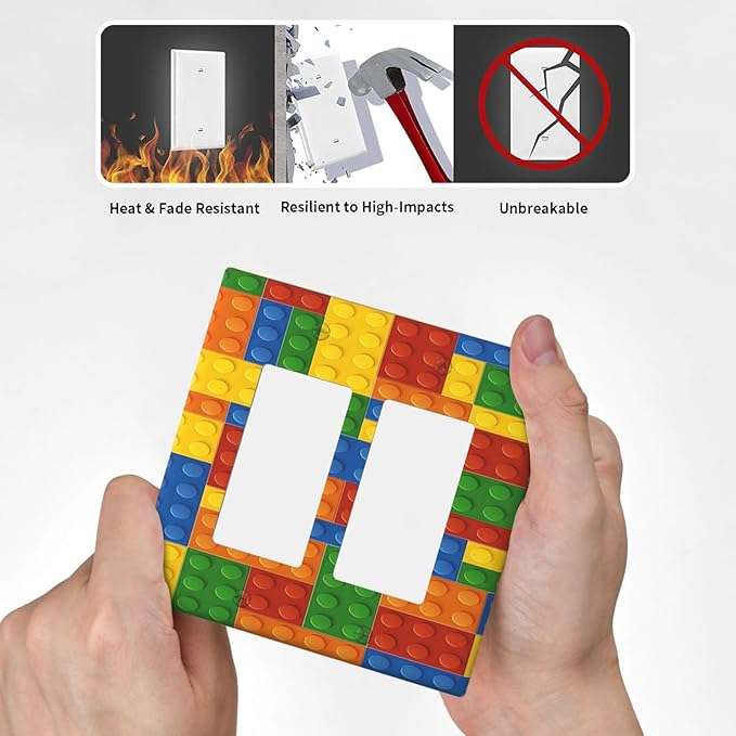 Outlet Covers Colorful Building Block 1 Gang Duplex Light Switch Cover Plate Decorative Wall Plates Electrical Switchplate Receptacle for Kids Room Home Decor（2 Pack）