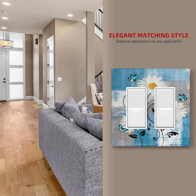 Rustic Daisy Teal Blue Floral Vintage Plant 2 Gang Rocker Decora Light Switch Covers Dual Outlet Covers Wall Plate Decorative Switchplate Electrical Faceplate GFCI for Farmhouse Bathroom Bedroom Decor