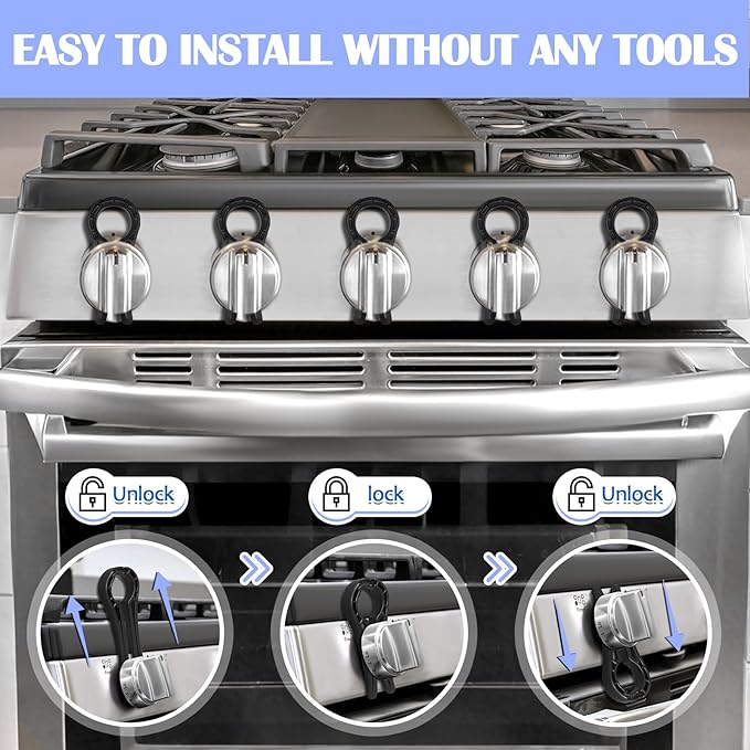 Gas Stove Knob Locks, Stove Knob Safety Covers for Child, Prevent Kids Pets from Turning on Stoves - Black-5 Pack