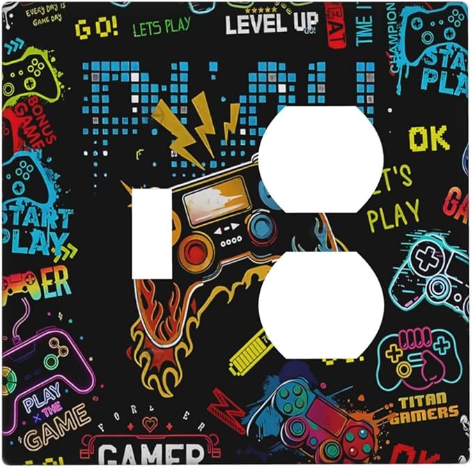 Gamer Video Game Themed Cool Controller Print Wallplates 1 Toggle 1 Duplex Switch Plate Electrical GFCI Faceplate Decorative Light Switch Covers for Kids Room Office Decor