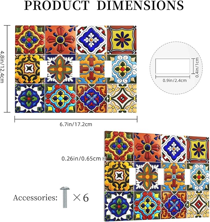 Vintage Colorful Boho Mexican Moroccan Tile Decorative Switch Plates 3 Gang Wall Plate Triple Toggle Light Switch Cover Faceplate Electrical Wall Panels for Farmhouse Home Decor