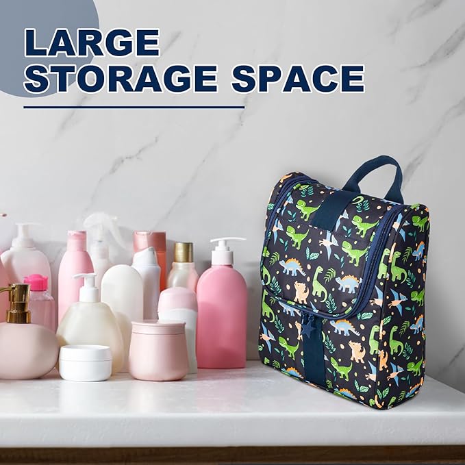 Remobia Hicol Cute Cartoon Hanging Kids Toiletry Bag Children Travel Cosmetic Makeup Organizer Wash Bag Shower bag Over Night Bag Camping Shaving Kit Bag for Boys & Girls (Dinosaurs)