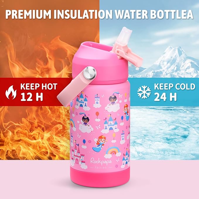 rockpapa 14 oz Kids Insulated Water Bottle，Stainless Steel Toddler Cups with Straws, BPA Free, Leak-Proof, Kids Water Bottle for School Boys& Girls (Pink Fairies)