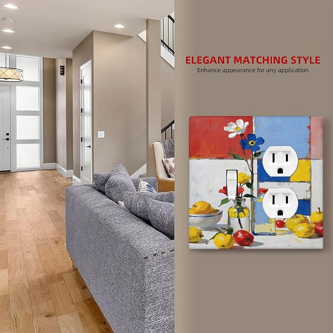Color Block Floral Still Life Art Red Yellow Blue Abstract Wallplates 1 Toggle 1 Duplex Switch Plate Electrical GFCI Faceplate Decorative Light Switch Covers for Farmhouse Bedroom Decor