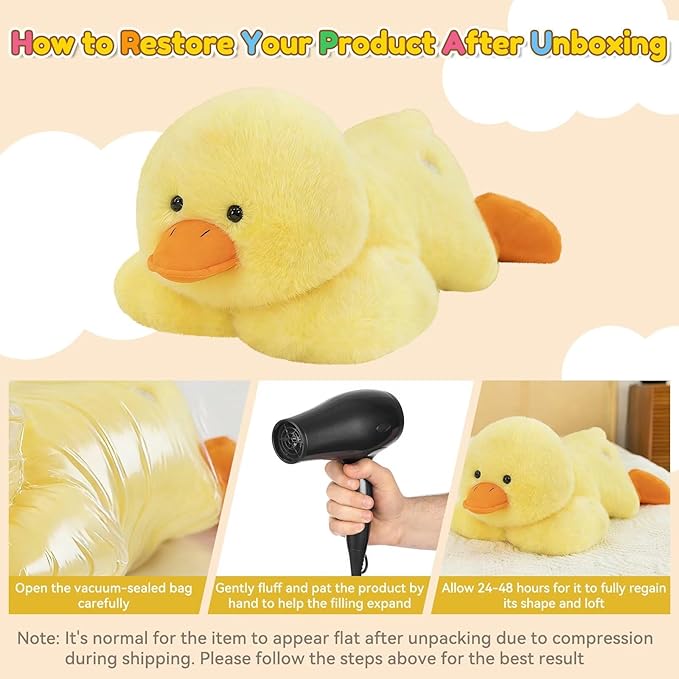 QUIRAI Weighted Stuffed Animals Duck Plush, 24" | 3.3 lb Duck Stuffed Animal, Pillowfort Weighted Plush Animals & Cute Plushies Gifts for Kids Adults