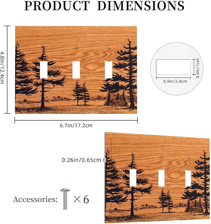 Pine Forest Natural Scenery Silhouette Wood Grain Decorative Switch Plates 3 Gang Wall Plate Triple Toggle Light Switch Cover Faceplate Electrical Wall Panels for Farmhouse Home Decor