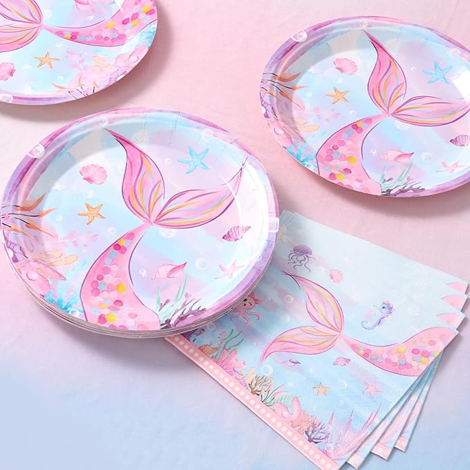 WERNNSAI Mermaid Paper Plates - 100 PCS Mermaid Birthday Decorations Under The Sea Party Tableware Plate for Girls Baby Shower Pool Beach Picnic Park Party Serves 50 Guests