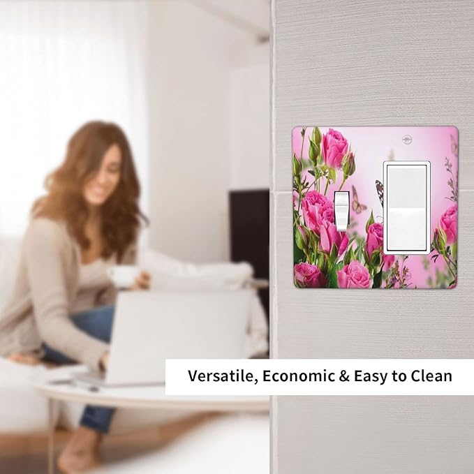Pink Rose 2 Gang Single Toggle/Rocker Combination Light Switch Cover Decorative Wall Plate Faceplate Floral Butterfly Boys Kids Teen Girl Bedroom Room Decorate 4.5" x 4.5