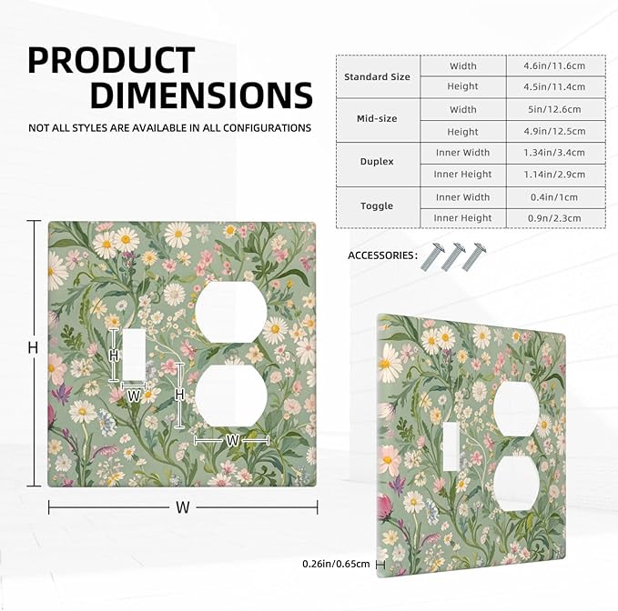 Decorative Switch Cover Plate with Vintage Wildflowers & Daisies on Light Green Background Design Toggle Duplex Wall Plate 2 Gang Light Switch Cover Outlet Covers