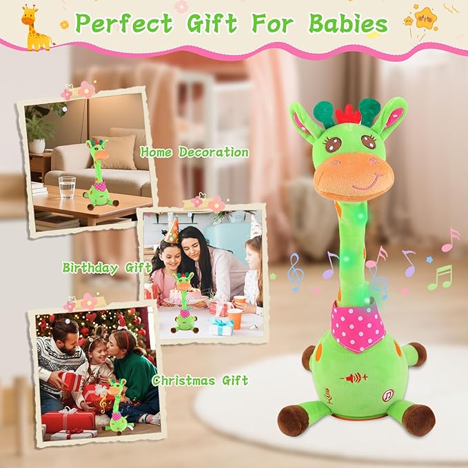 Dancing Giraffe Toy Stuffed Animal Baby Toys Singing Song Toddlers Toy Repeats What You Say Glowing Musical Toy for Baby Birthday Gift Groovy Giraffe Toy (Green Giraffe)