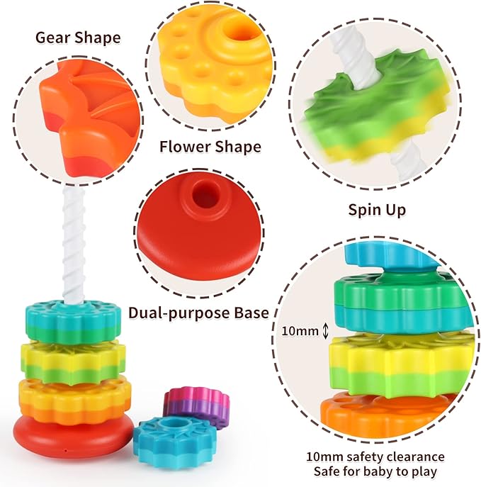 JUXUE Baby Spinning Stacking Toys for Toddlers 1-3, Rainbow Ring Stacker Montessori Toys for Babies 6-12 Months, 1 2 3 One Year Old Girl Boy Christmas Birthday Gifts, Autism Sensory Learning Toy
