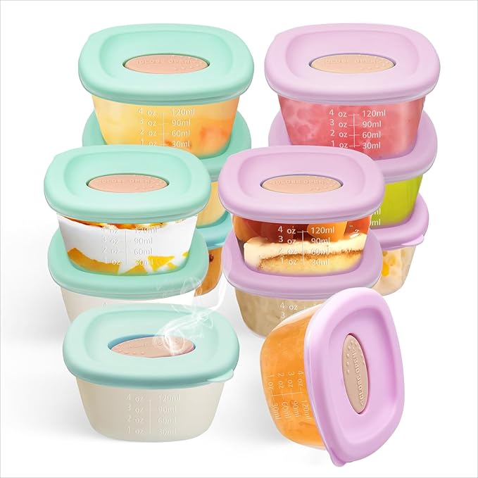12 Pack Baby Food Storage Containers 4 oz, Baby Silicone Food Jars with Ventilation Valve, Snack Containers with Leak Proof Sealing Lid Microwave Safe, Suitablefor Nurseries, Schools and Travel