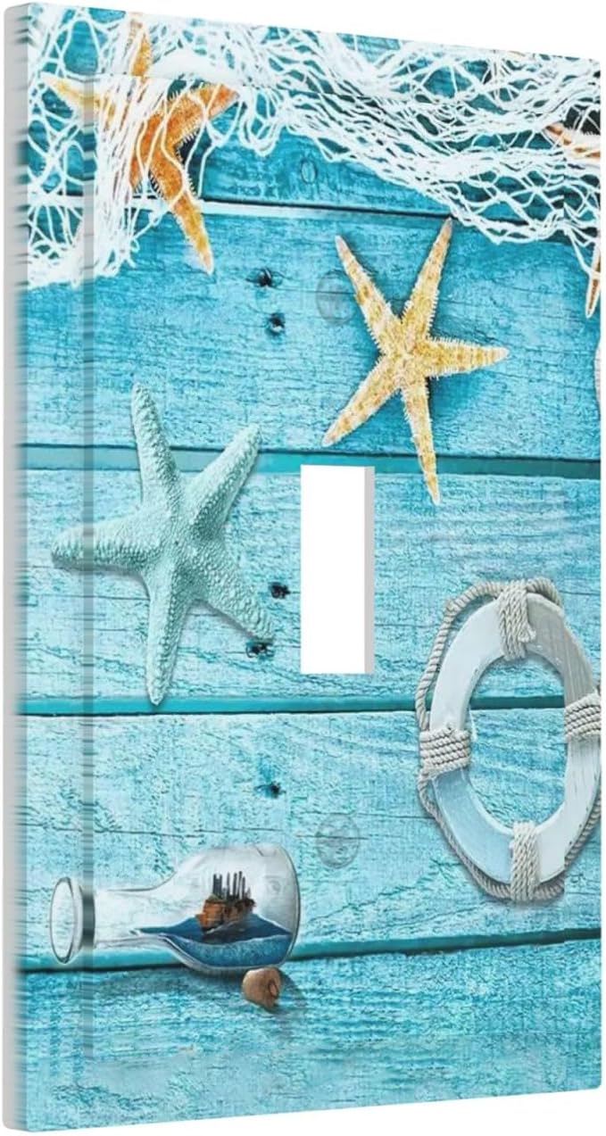 Turquoise Teal Fishing Net Wood Plank 1 Gang Light Switch Plate Decorative Single Toggle Wall Plate Cover Electrical Switchplate Faceplate for Bedroom Room Decorate Jumbo