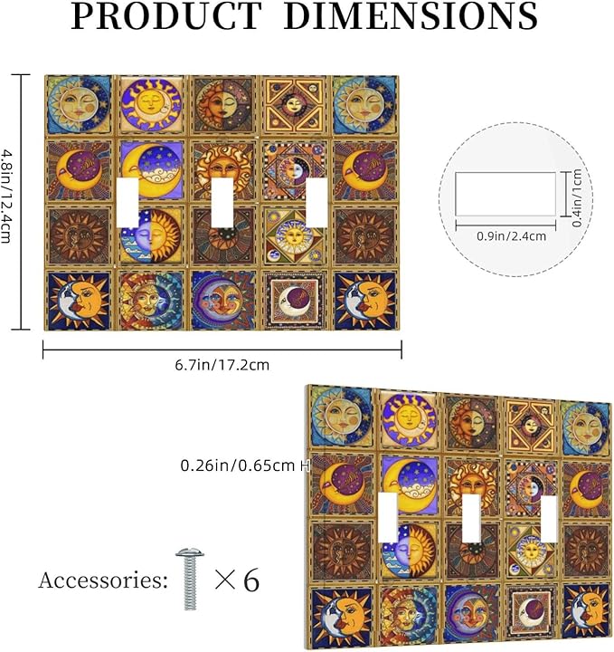 Mexican Talavera Tiles Star Pattern Celestials Theme Print Decorative Switch Plates 3 Gang Wall Plate Triple Toggle Light Switch Cover Faceplate Electrical Wall Panels for Kitchen Home Decor