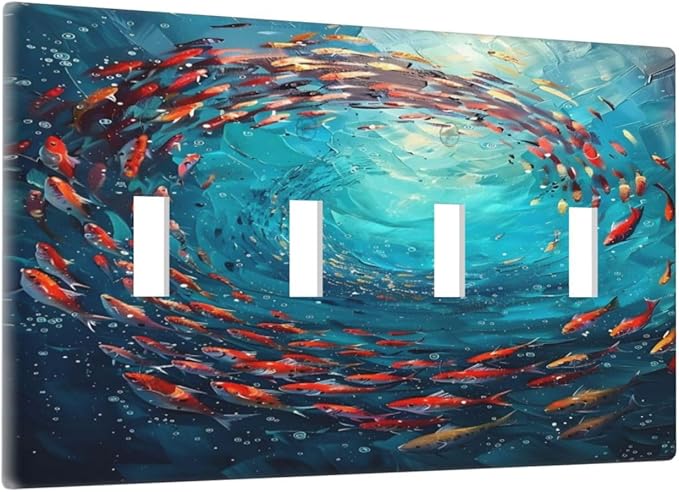 Ocean Fish School Of Fish Vortex Deep Sea Light Switch Covers Quad Toggle Electrical Faceplate 4 Gang Wall Plate Decorative Switch Plates Cover for Kids Room Bedroom Decor