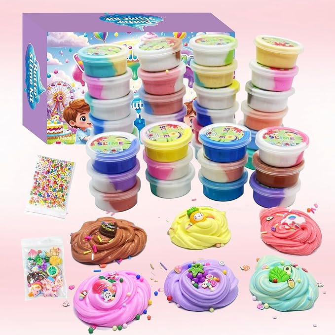 Butter Slime Kit with Multiple Colors, 42 Packed Slimes with 24 Decorative Toppings, Sprinkles, Craft Toy, Party Favors for Kids, Gift for Girl and Boys 6 7 8 9 10 11 12