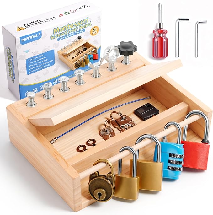 INIFEIDALA Montessori Screwdriver Board Set - Lock and Key Toy,Busy Board Toys for 3 4 5 Year Olds Boy Birthday Gifts,Kids Tool Set, Preschool Learning Sensory Fine Motor Skills STEM Toys