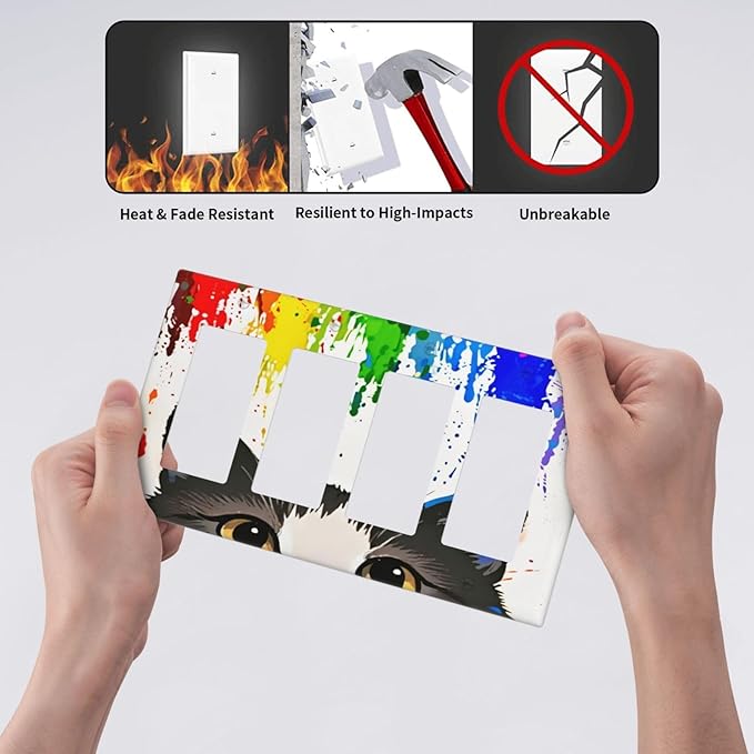 Cat Rainbow Quad Rocker Wall Plate Decorative 4 Gang Light Switch Covers Electrical Switchplate Home Decorate Faceplat for Bathroom Bedroom Kitchen Room 4.5 x 8 Inch