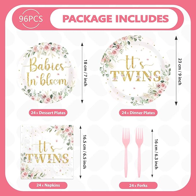 96Pcs Twins Baby Shower Party Decorations Wildflower Baby in Bloom Paper Plates and Napkins Pink Gold Floral It's Twins Disposable Tableware Set for Boys Girls Birthday Party Supplies, Serves 24