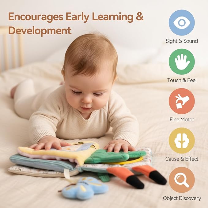 Macabaka Montessori Soft Baby Book - Sensory Book for Babies 0-12 Months with Crinkle Paper, Touch & Feel Textures, Baby Safe Mirror & Teether. Educational Infant Toys for Tummy Time, Newborn