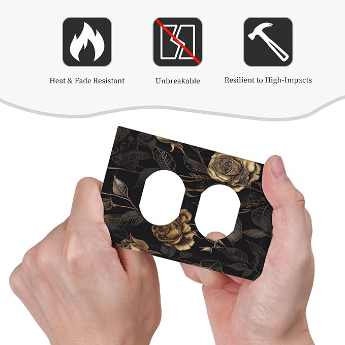 Black Floral Dark Vintage Gold Rose Flower Outlet Covers 1 Gang Duplex Light Switch Cover Decorative Switch Plates Electrical Receptacle Faceplate Wall Plate for Bedroom Living Room Decor